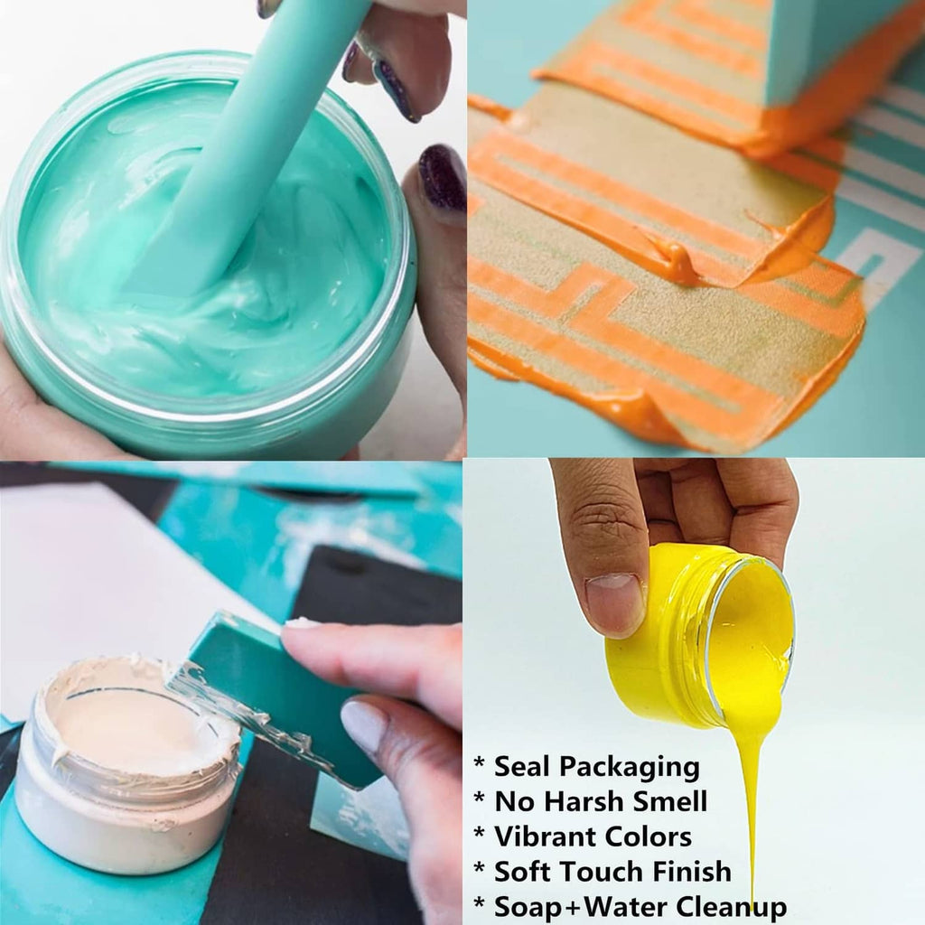 Teal chalk paste ink jar and fabric screen-printing with a squeegee