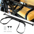 Black golf cart bag holder bracket with two securing straps and mounting hardware