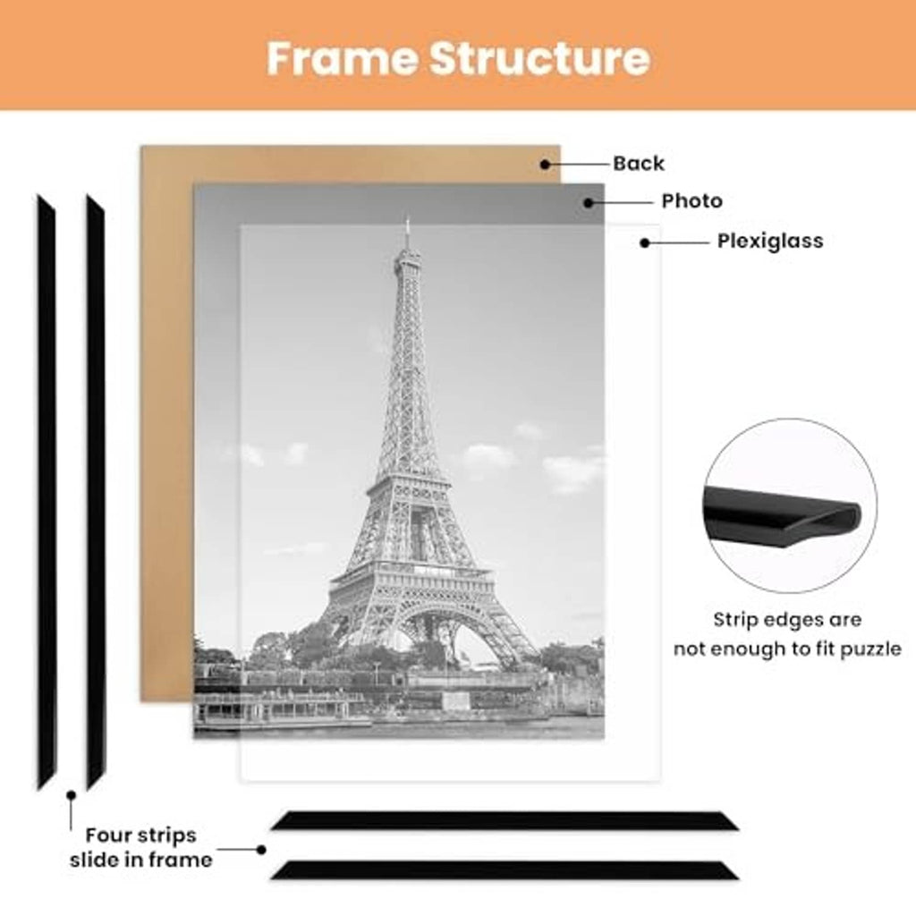 Black 11x17 poster frame diagram with plastic frame, plexiglass, and four sliding strips