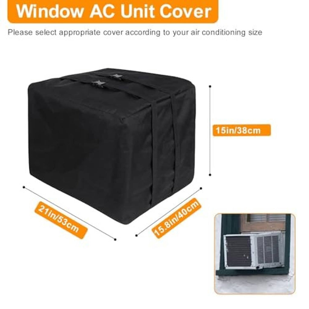 Black window air conditioner unit cover with fitted hood shape and top loops.
