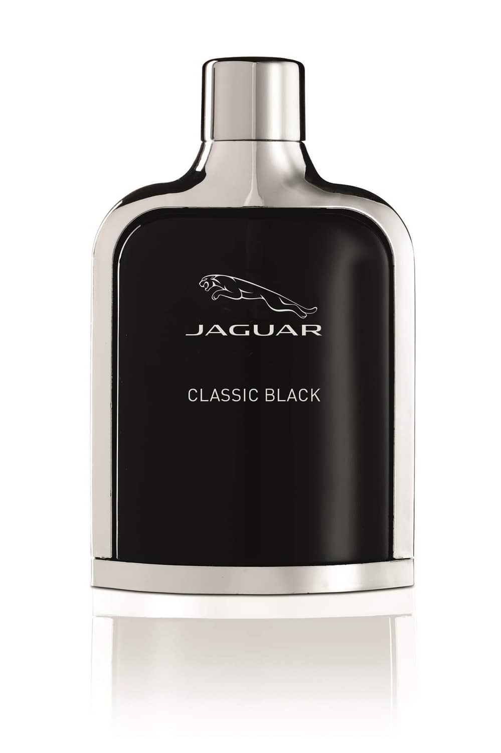 Jaguar Classic Black fragrance bottle, black glass with silver cap and Jaguar logo