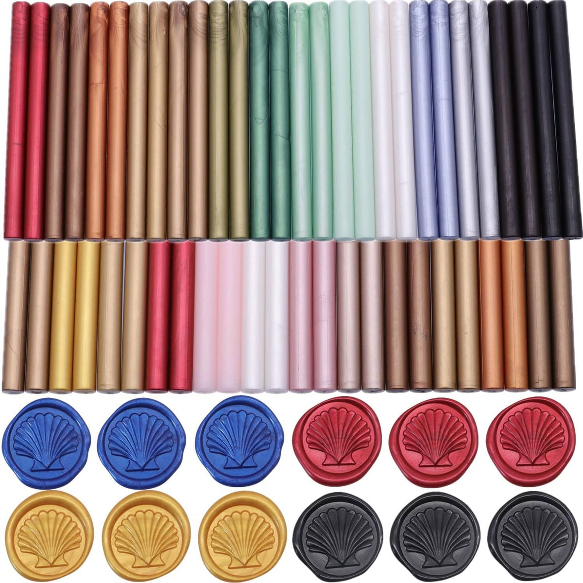 Assorted wax seal sticks with round decorative wax seals below, multiple colors.