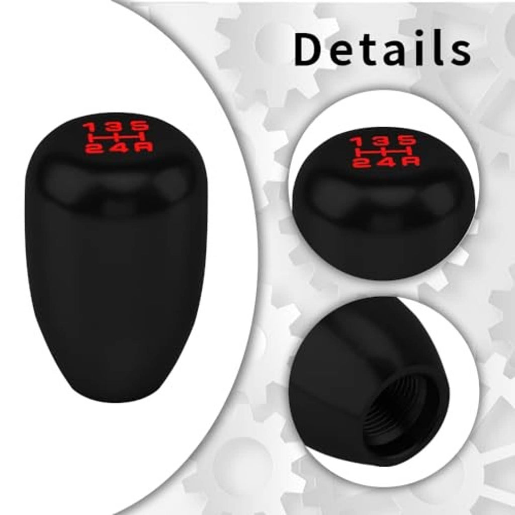 Black manual 5-speed gear shift knob detail view showing red markings and threaded base