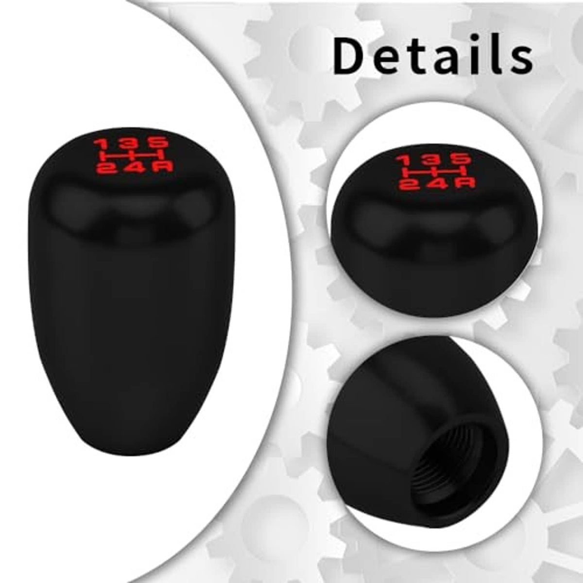 Black manual 5-speed gear shift knob detail view showing red markings and threaded base