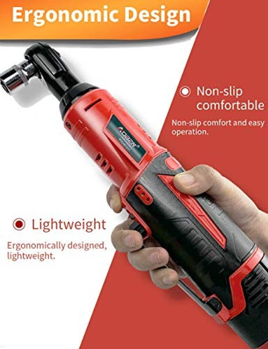 Red-and-black cordless ratchet wrench with non-slip ergonomic handle for grip