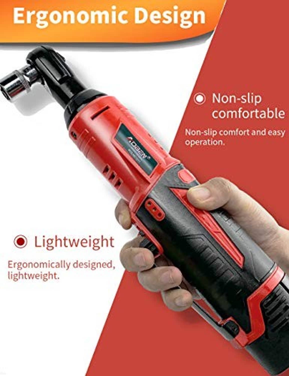 Red-and-black cordless ratchet wrench with non-slip ergonomic handle for grip