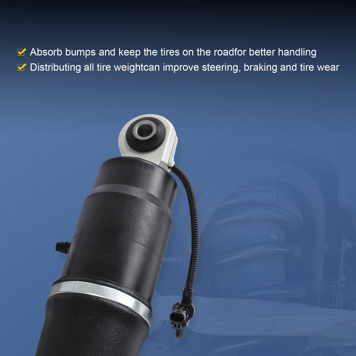 Single black rear air shock absorber with top stud mount and attached sensor wiring