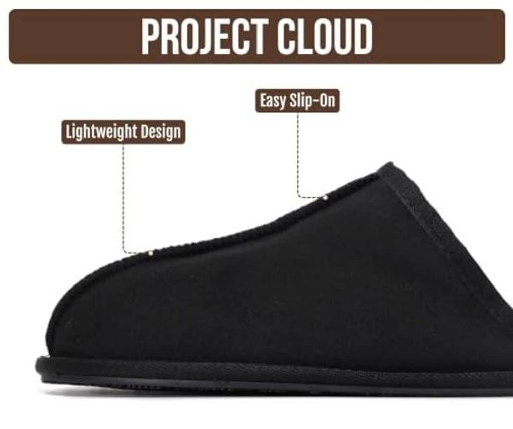 Black suede leather slip-on slipper with low profile and soft shearling collar