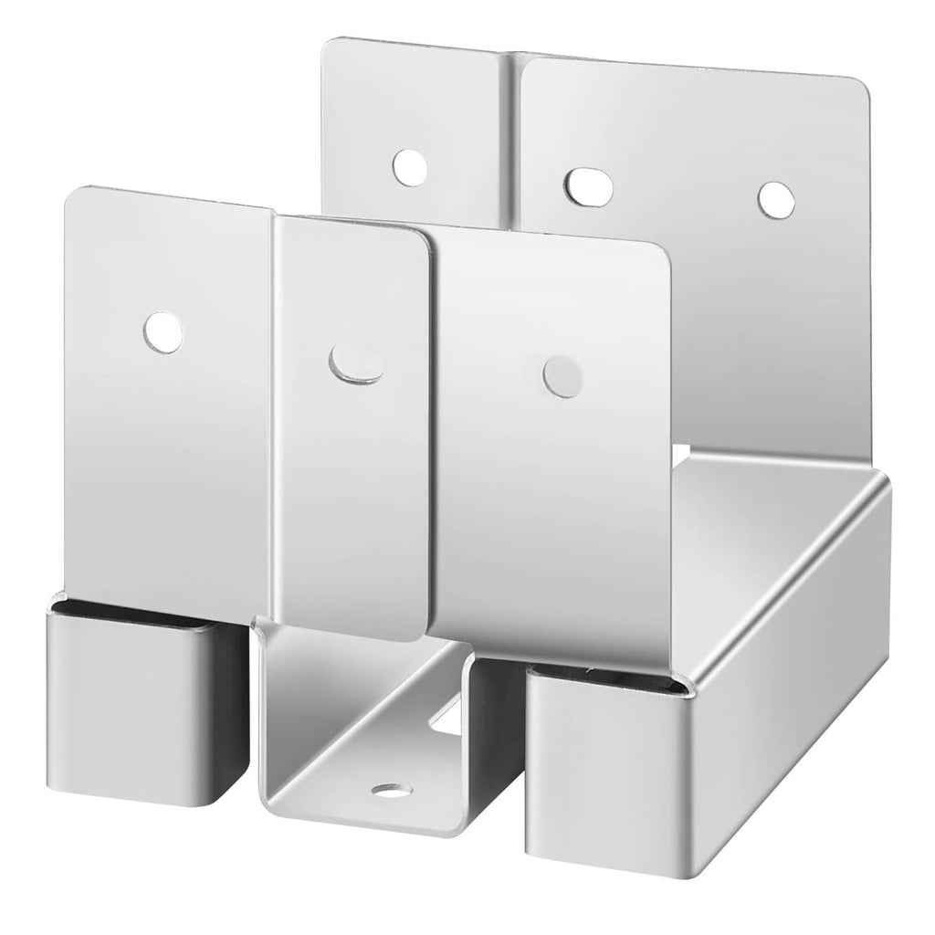 Angled close-up of metal 4x4 post anchor bracket with base supports and mounting holes