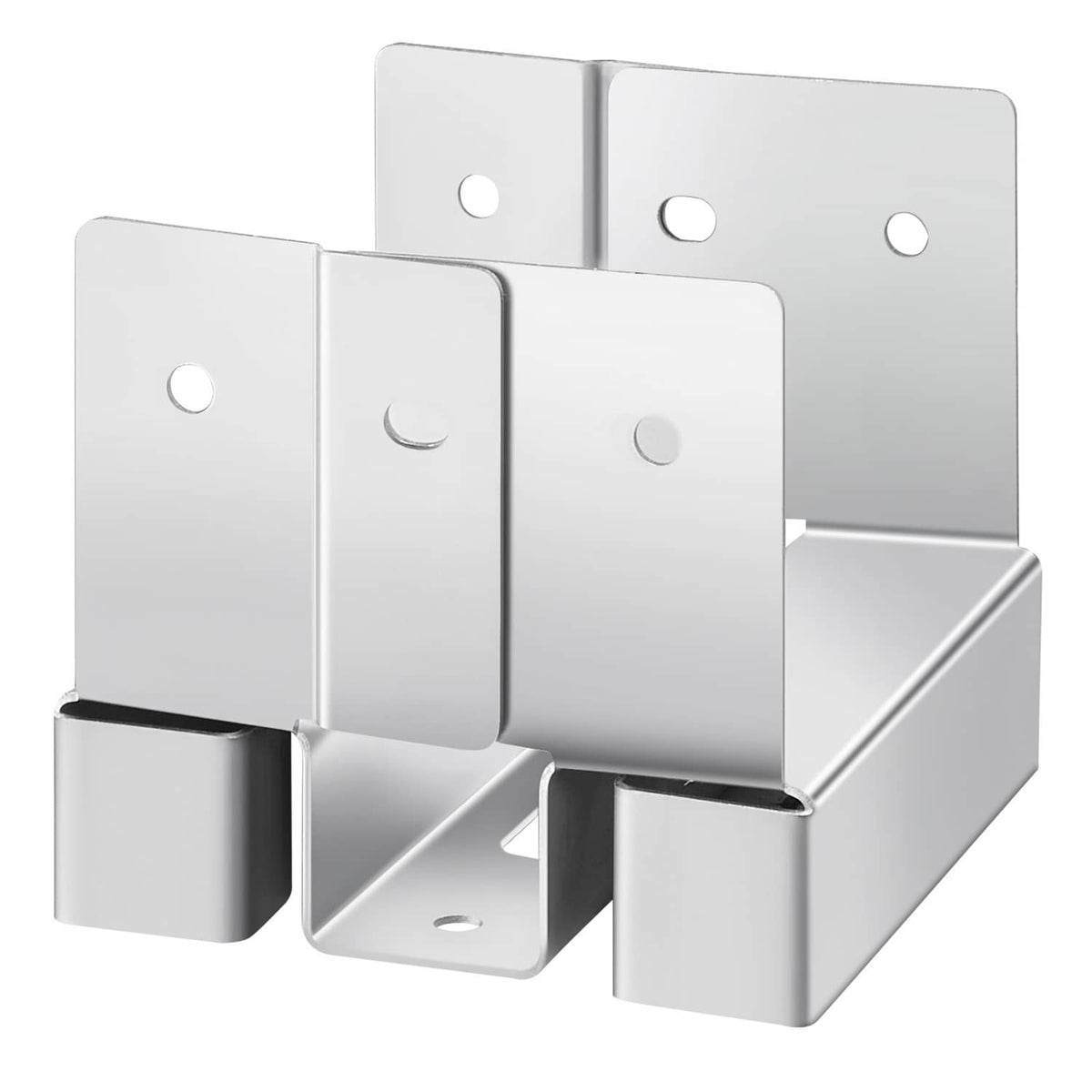 Angled close-up of metal 4x4 post anchor bracket with base supports and mounting holes