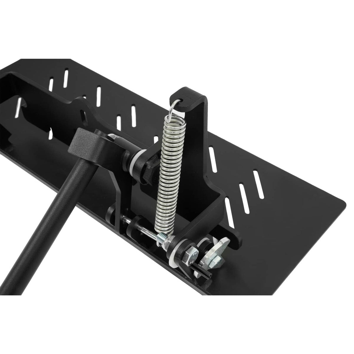 Black vented discharge shield bracket with spring assembly and fasteners