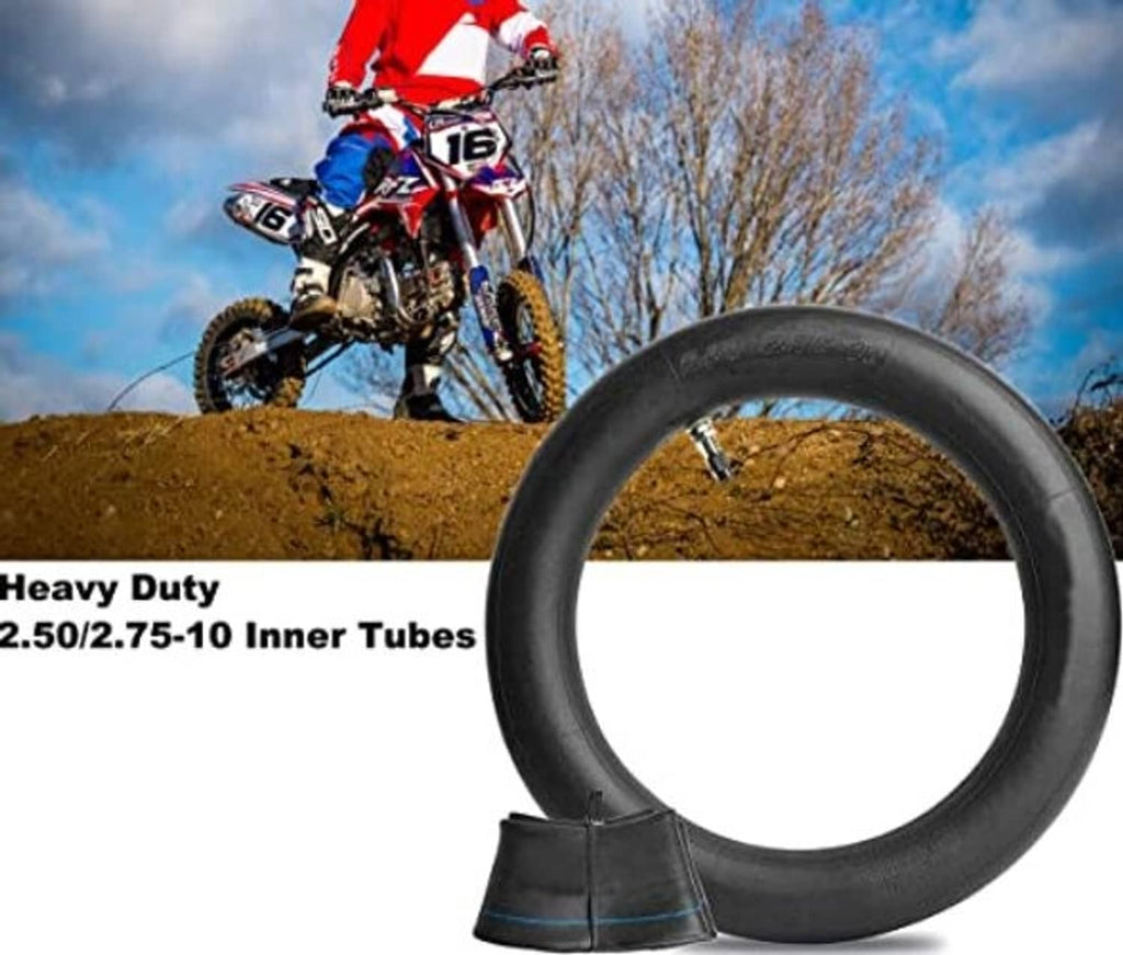 Black dirt bike inner tube with blue stripe and straight valve, shown next to another tube