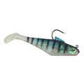 Pre-rigged swim shad soft plastic bait, bluegill pattern with dual hooks