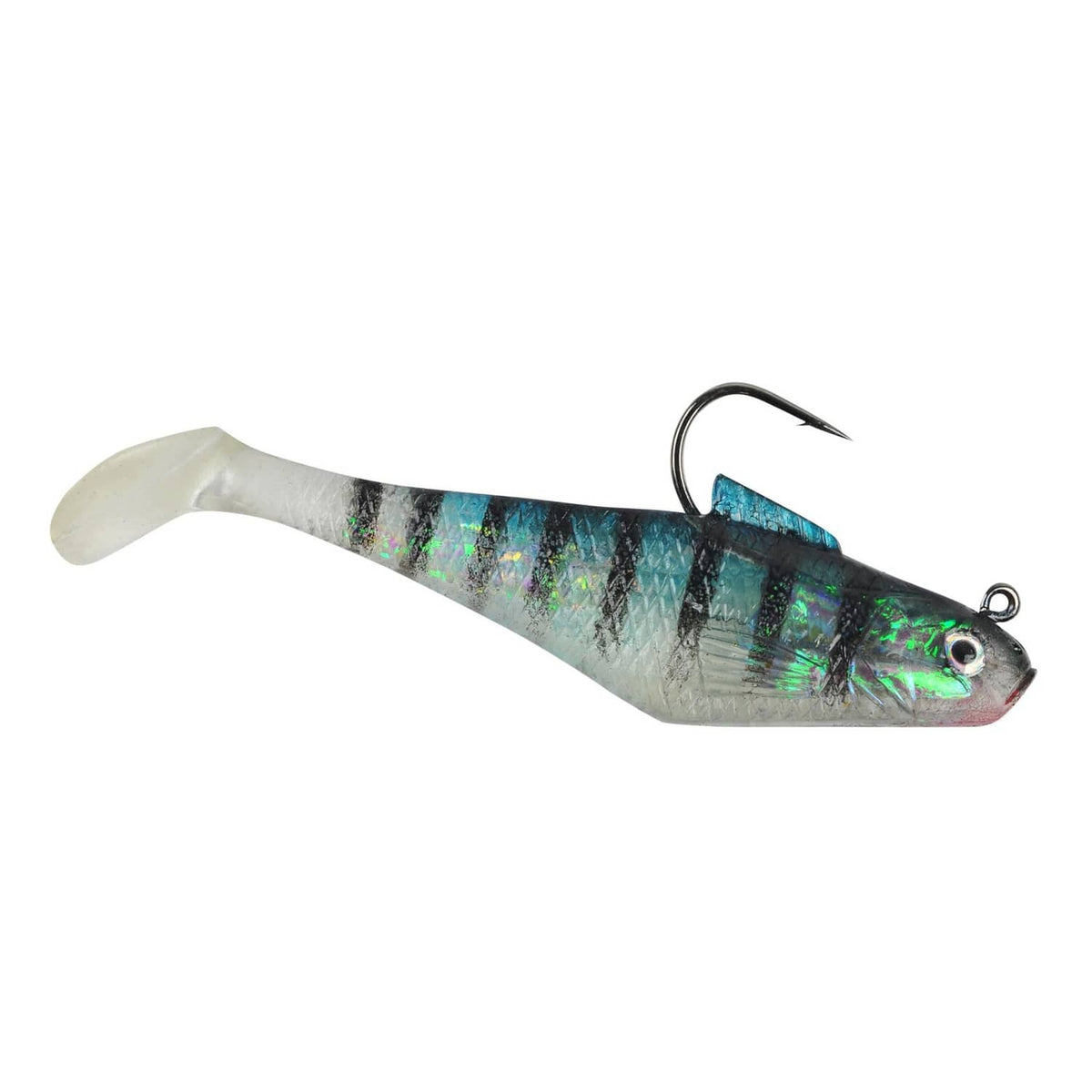 Pre-rigged swim shad soft plastic bait, bluegill pattern with dual hooks