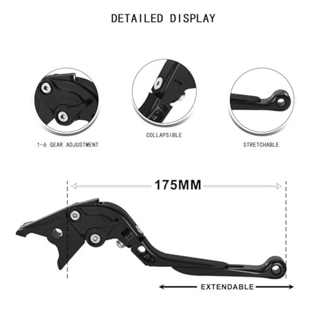 Black extendable motorcycle lever with 1–6 gear adjustment and collapsible design