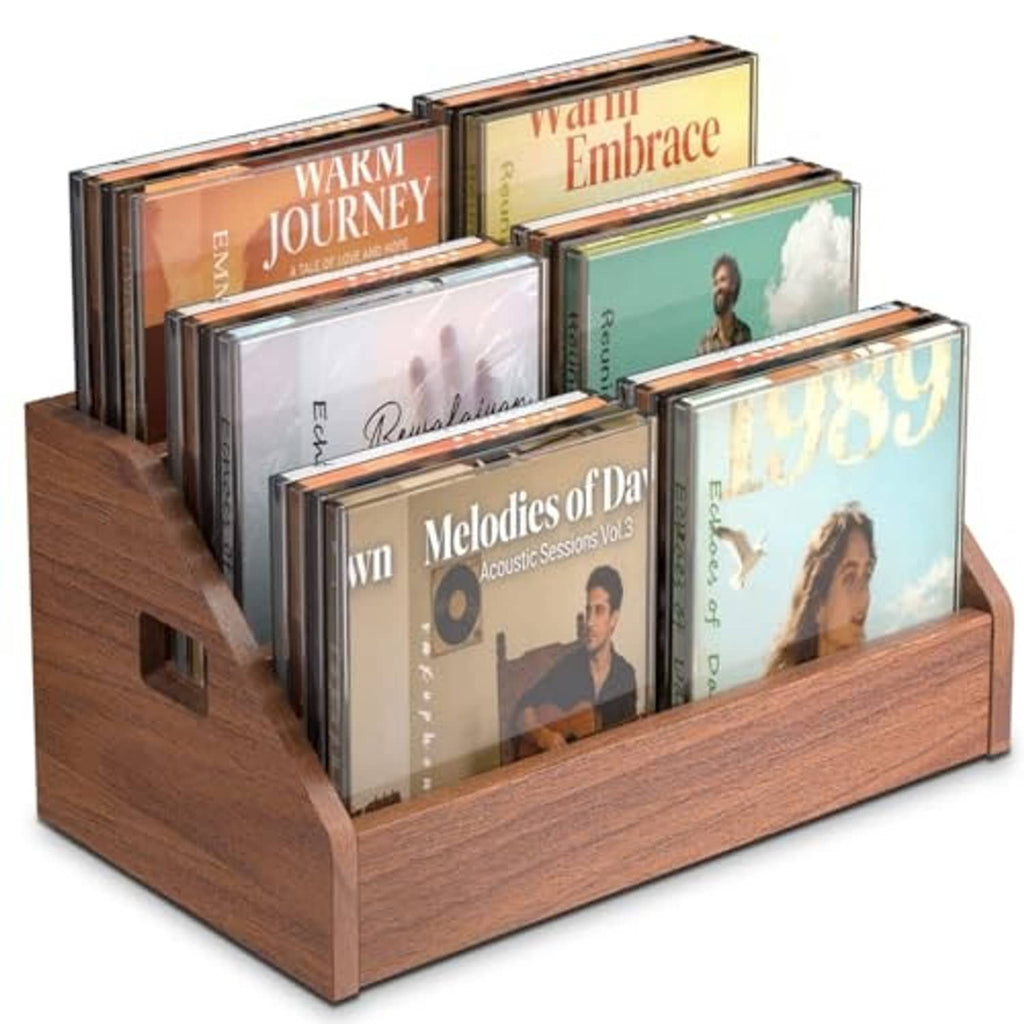 Brown wooden 3-tier CD/DVD display stand holding stacked discs
