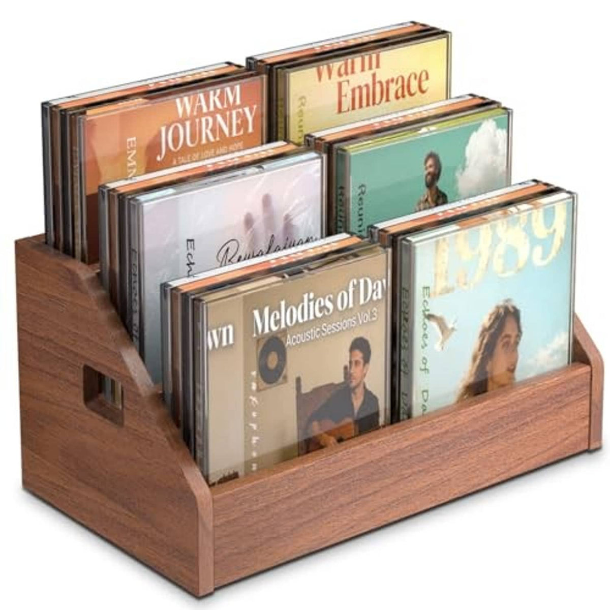 Brown wooden 3-tier CD/DVD display stand holding stacked discs