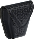 Black basketweave handcuff case with top flap and tapered bottom, side profile view.