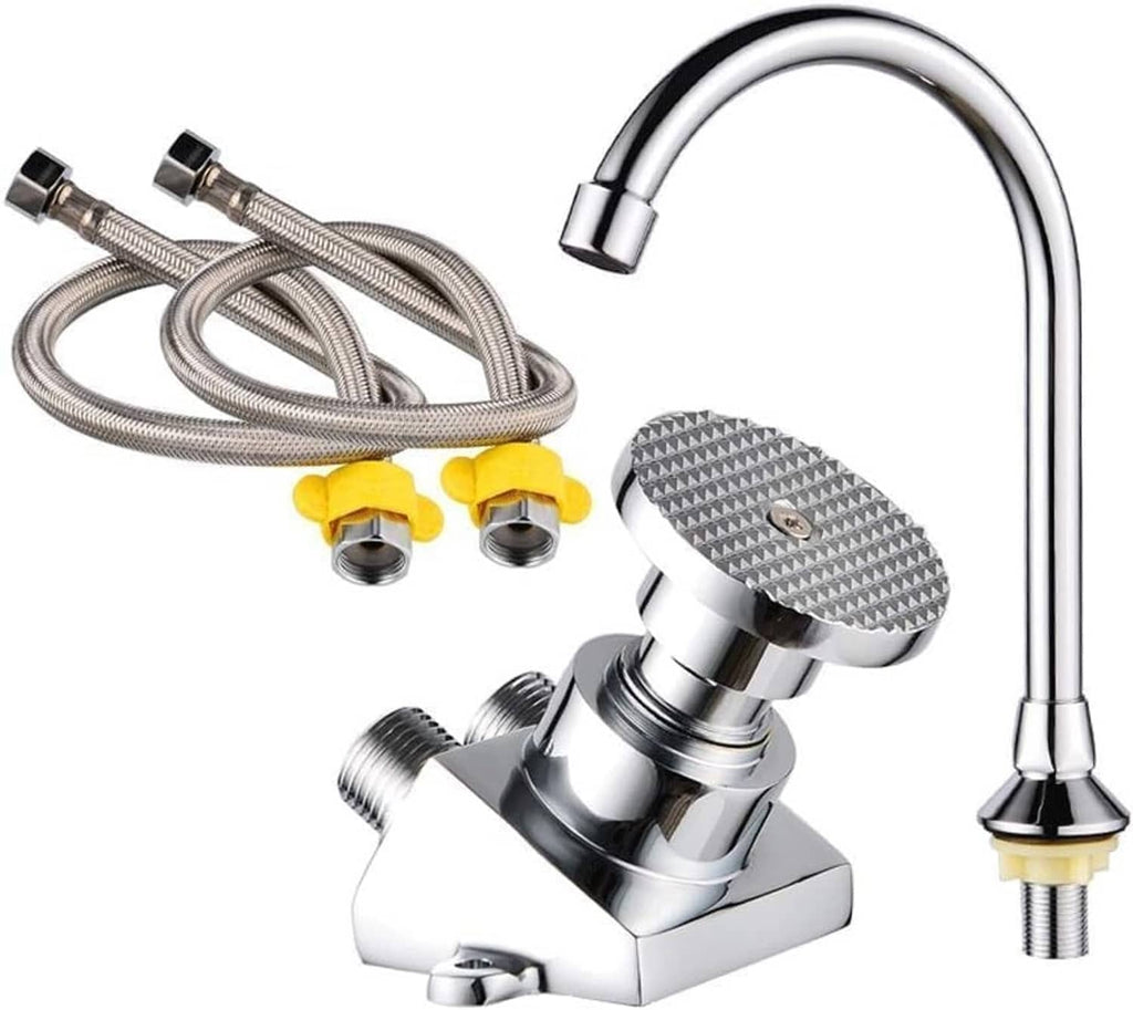 Hands-free floor-mount foot pedal faucet kit with chrome spout and braided supply hoses
