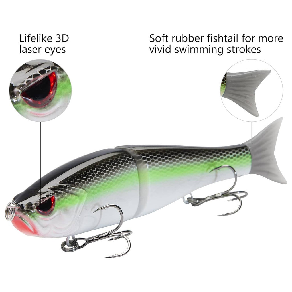 White and green glide bait with 3D laser eyes, soft fins, and treble hooks
