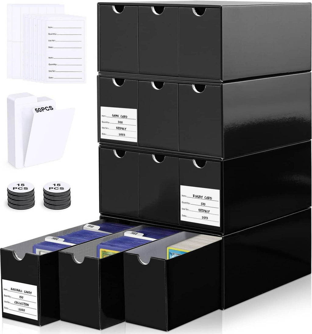 Black trading card storage box with six front compartments and label cards