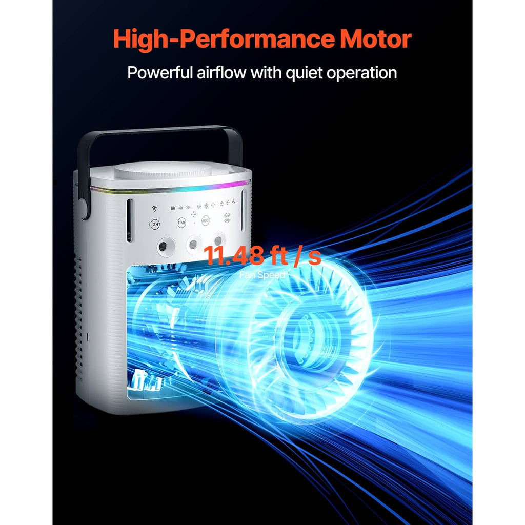 Portable evaporative air cooler with illuminated airflow graphic and front vent grille