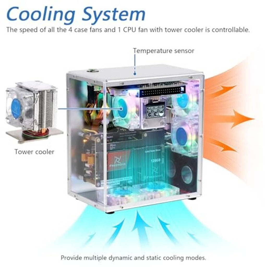 Transparent PC case with tower CPU cooler and glowing RGB fan lighting