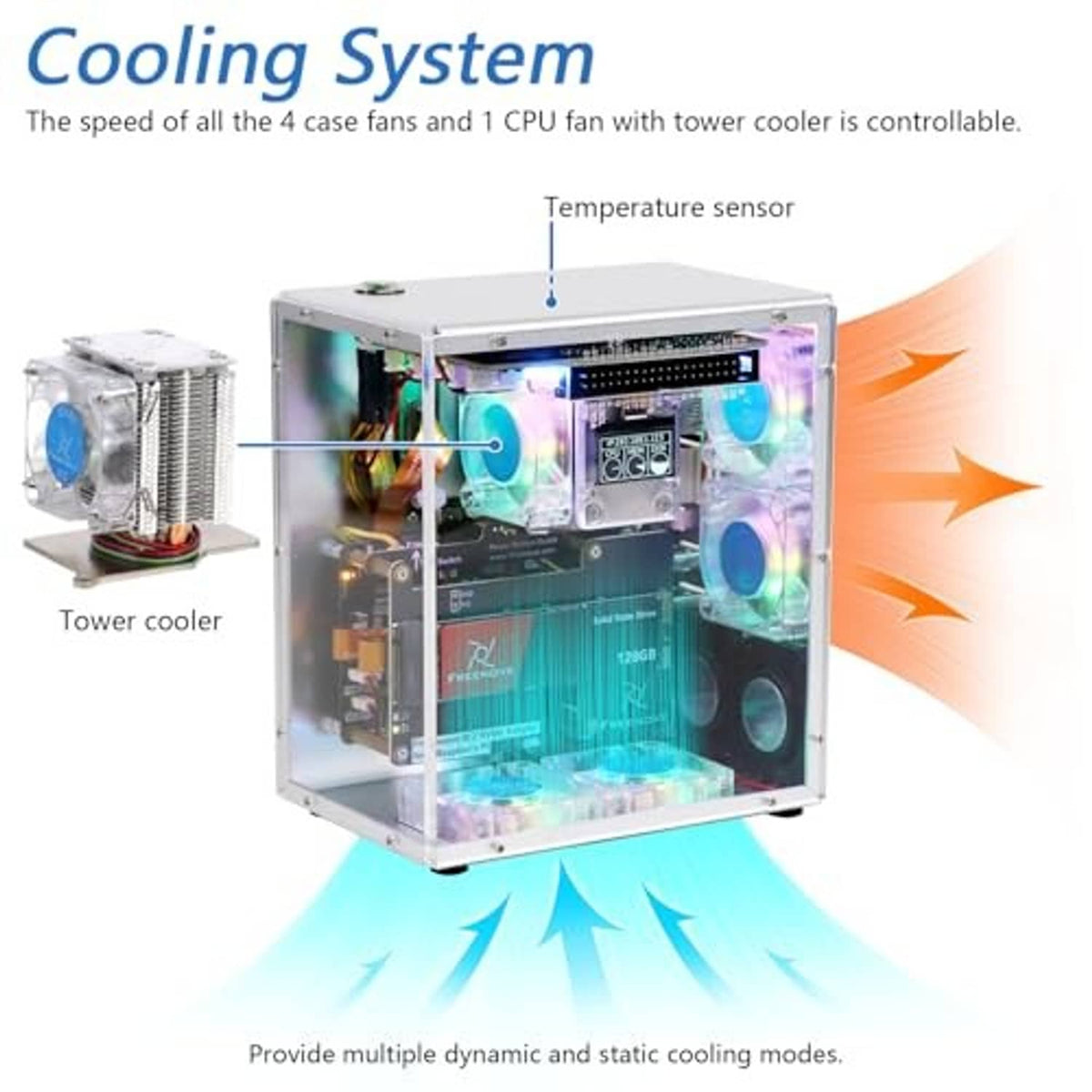 Transparent PC case with tower CPU cooler and glowing RGB fan lighting