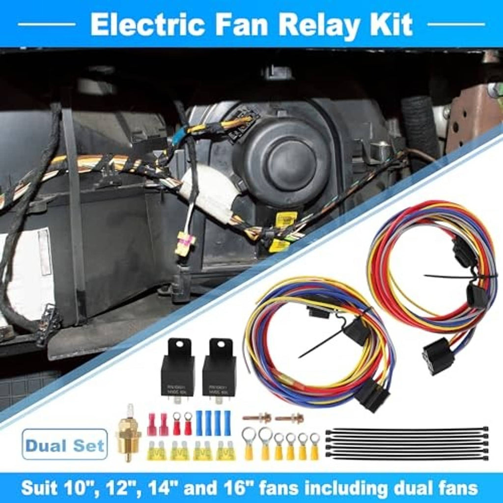 Dual fan relay kit installed in vehicle engine bay with wiring harness and relays