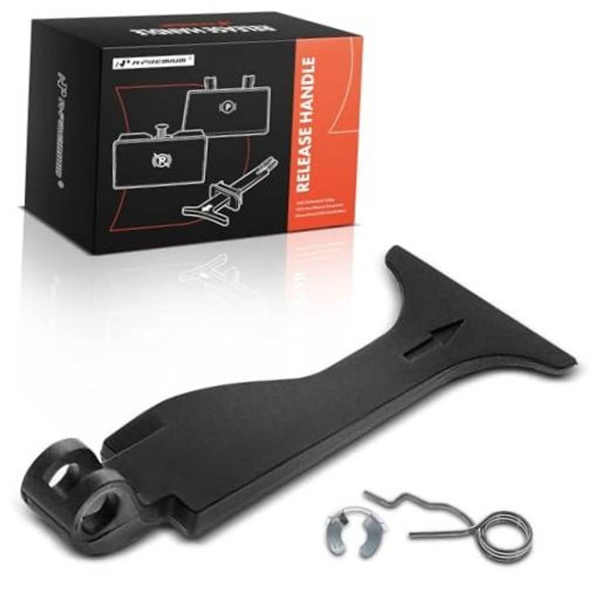 Black hood release handle tool with mounting spring clip and small hardware pieces.