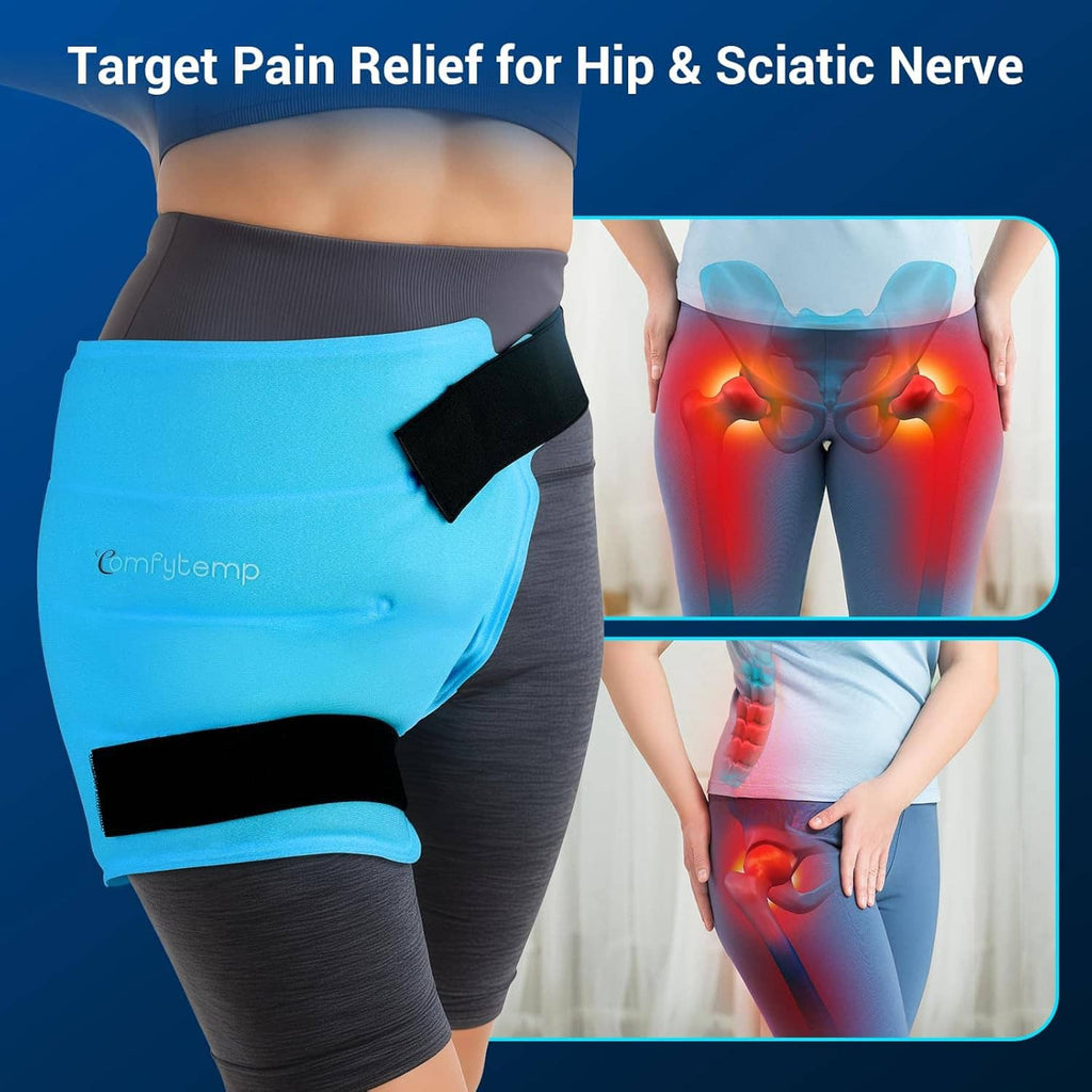 Light blue hip ice pack wrap with black straps, worn on hip with side view