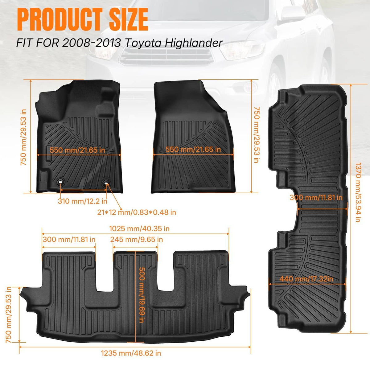 Black floor mat set diagram with multiple row liners and cutout retention points