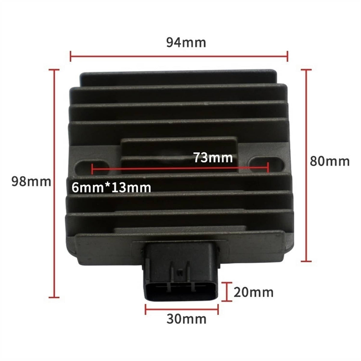 Voltage regulator rectifier with multi-pin connector and cooling fins, size guide diagram