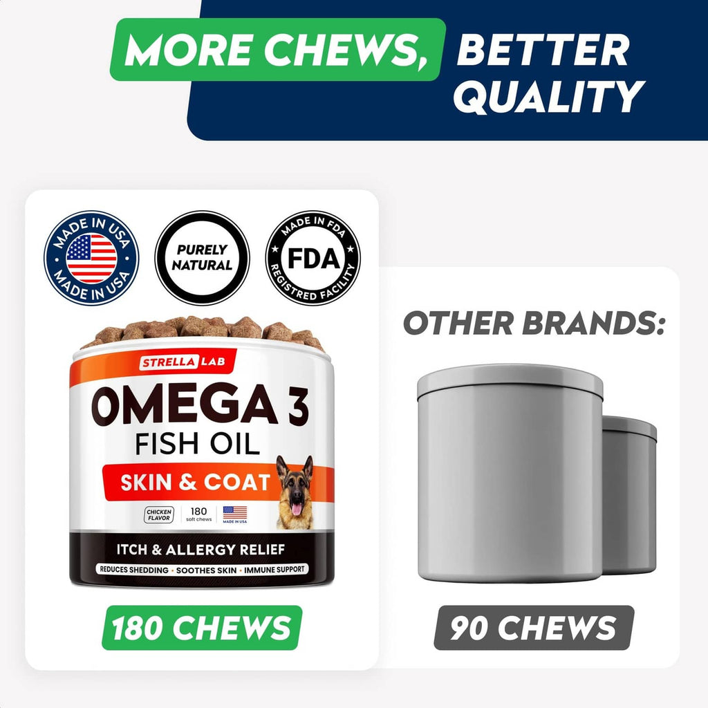 Omega 3 fish oil Skin & Coat treat jar, 180 chews, shown with 90-chew comparison