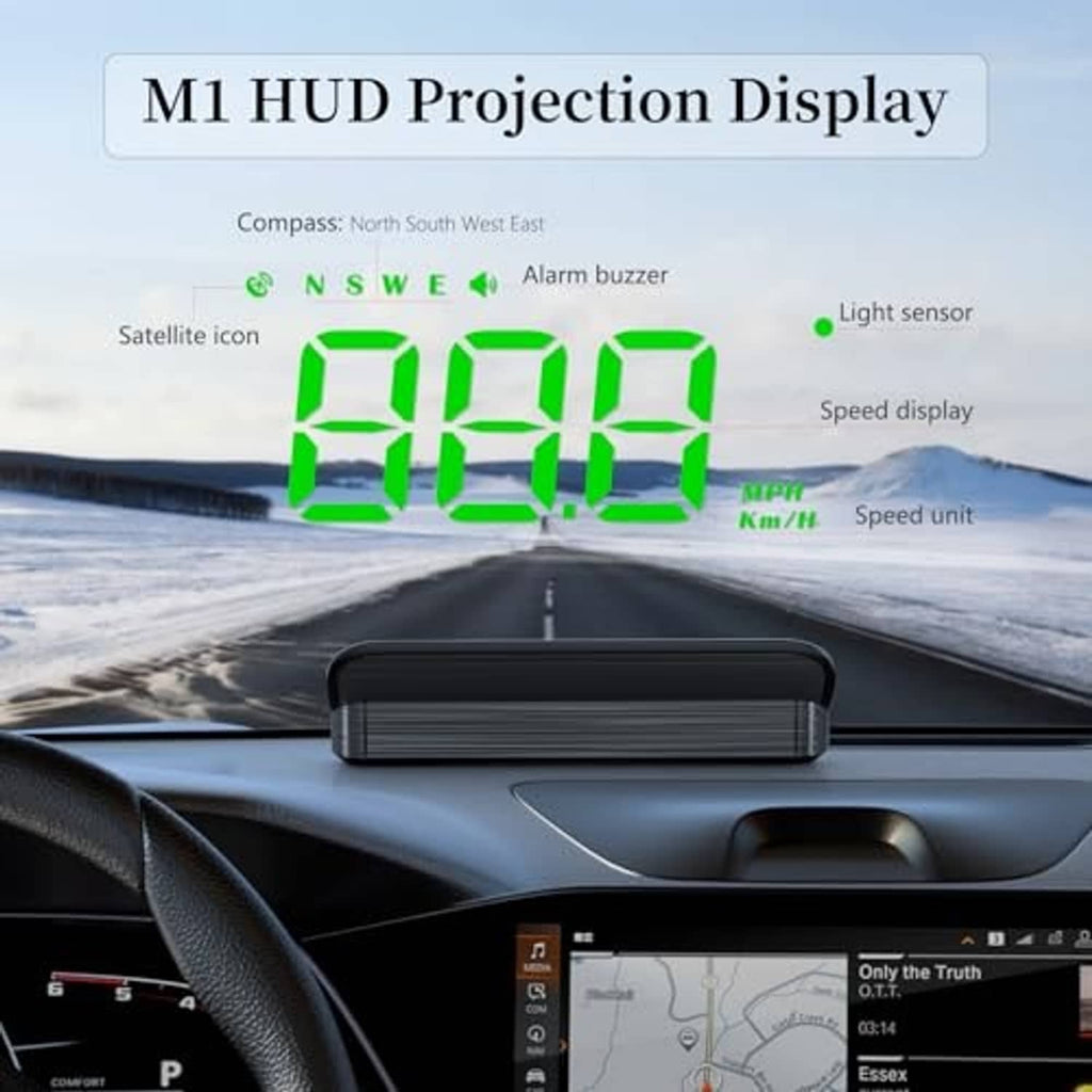 Car windshield speed display projection with bright green digital readout