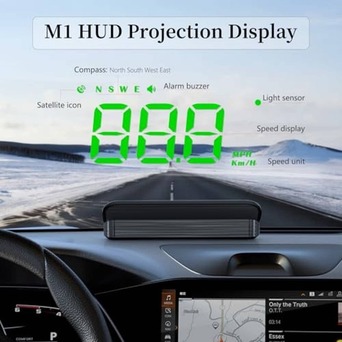Car windshield speed display projection with bright green digital readout
