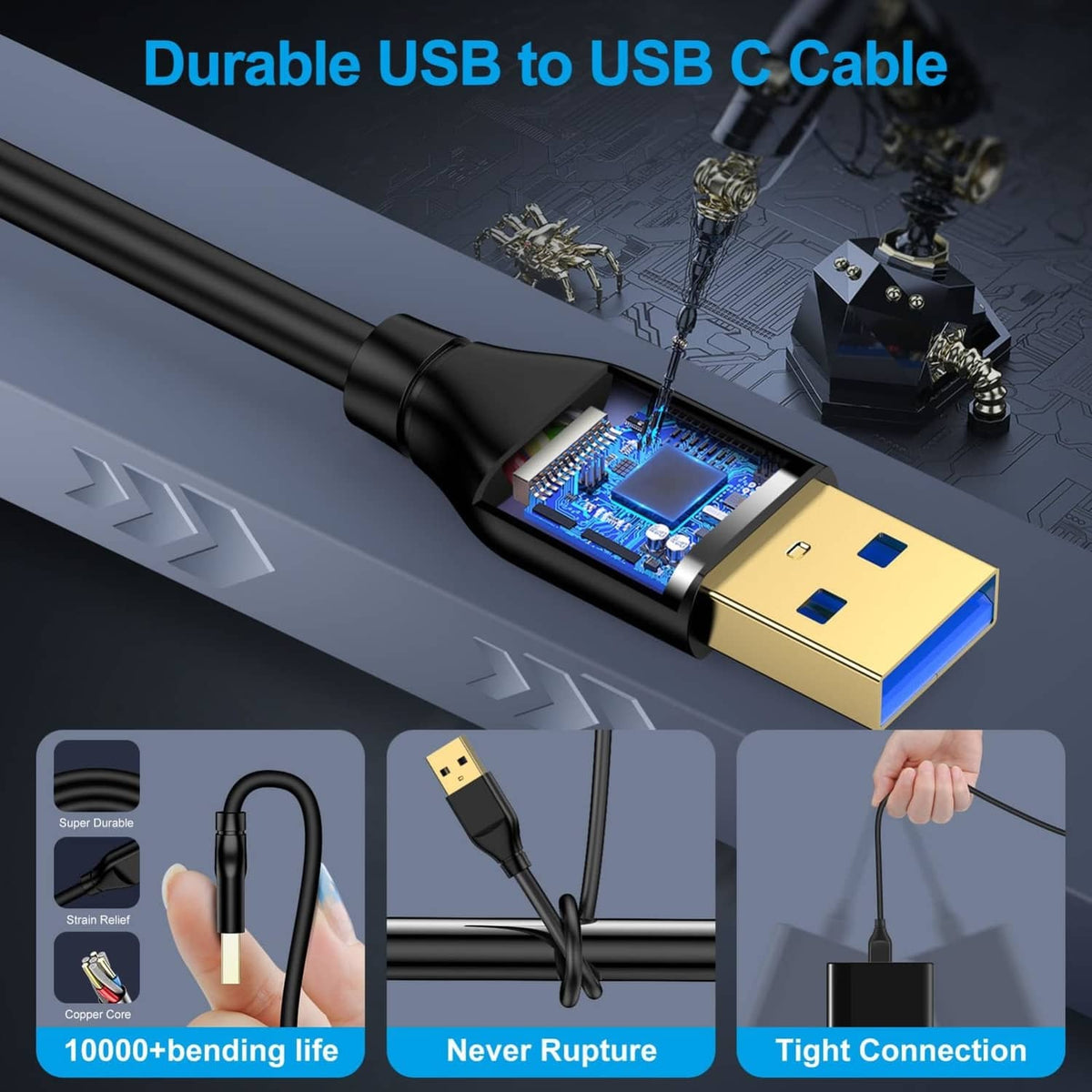 USB-A male to male cable with black braided nylon jacket and gold-plated connectors
