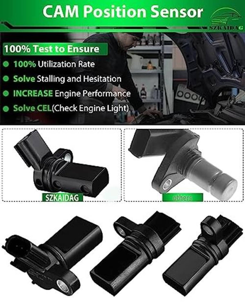 Camshaft position sensor with multiple black connector angles and a metal sensor end