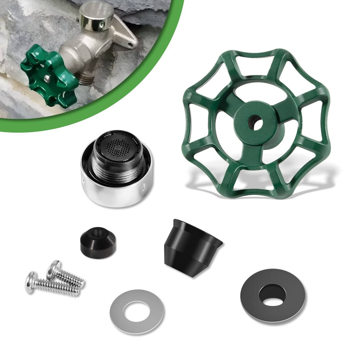 Anti-siphon faucet repair kit parts: green handle wheel, metal cap, washers, screws
