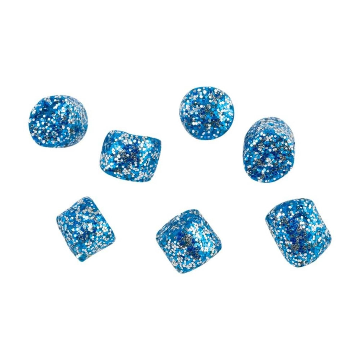Scattered blue glitter fishing bait pellets, sparkle texture
