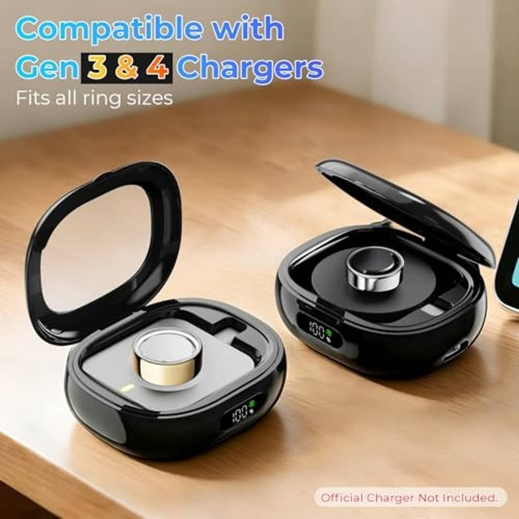 Two black ring charging cases on a tabletop with open lids and LED displays