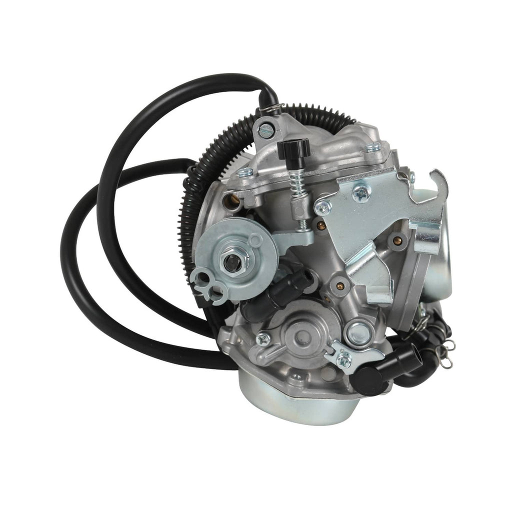 Carburetor unit in silver metal with black wiring harness and vacuum line