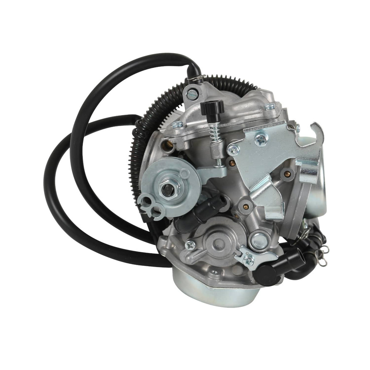 Carburetor unit in silver metal with black wiring harness and vacuum line