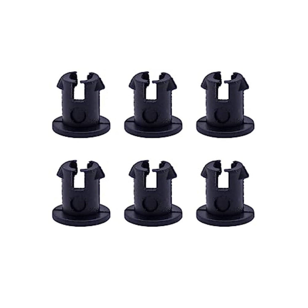 6-pack black plastic throttle linkage retaining bushings with double-prong top, front view