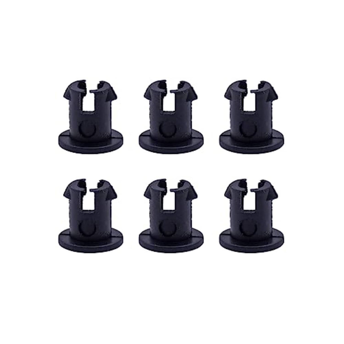 6-pack black plastic throttle linkage retaining bushings with double-prong top, front view