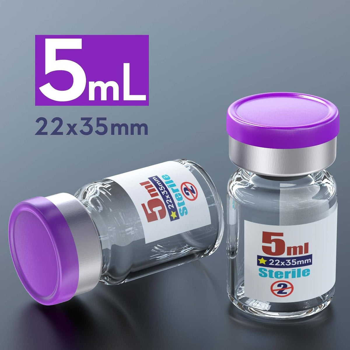 Two sterile 5ml glass vials with purple flip-off caps, one tilted, showing labels