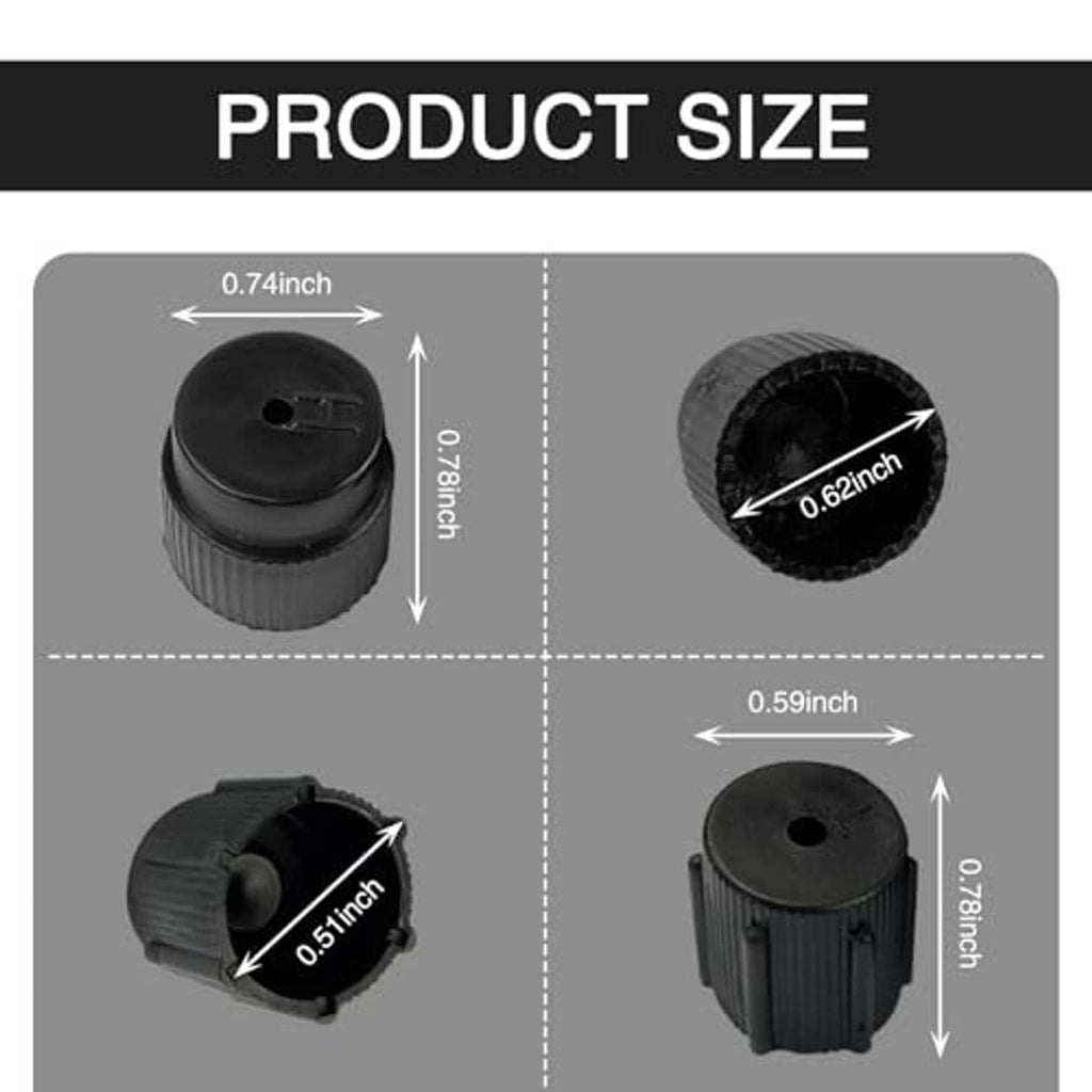 Black ABS AC valve core covers with product size measurements on diagram