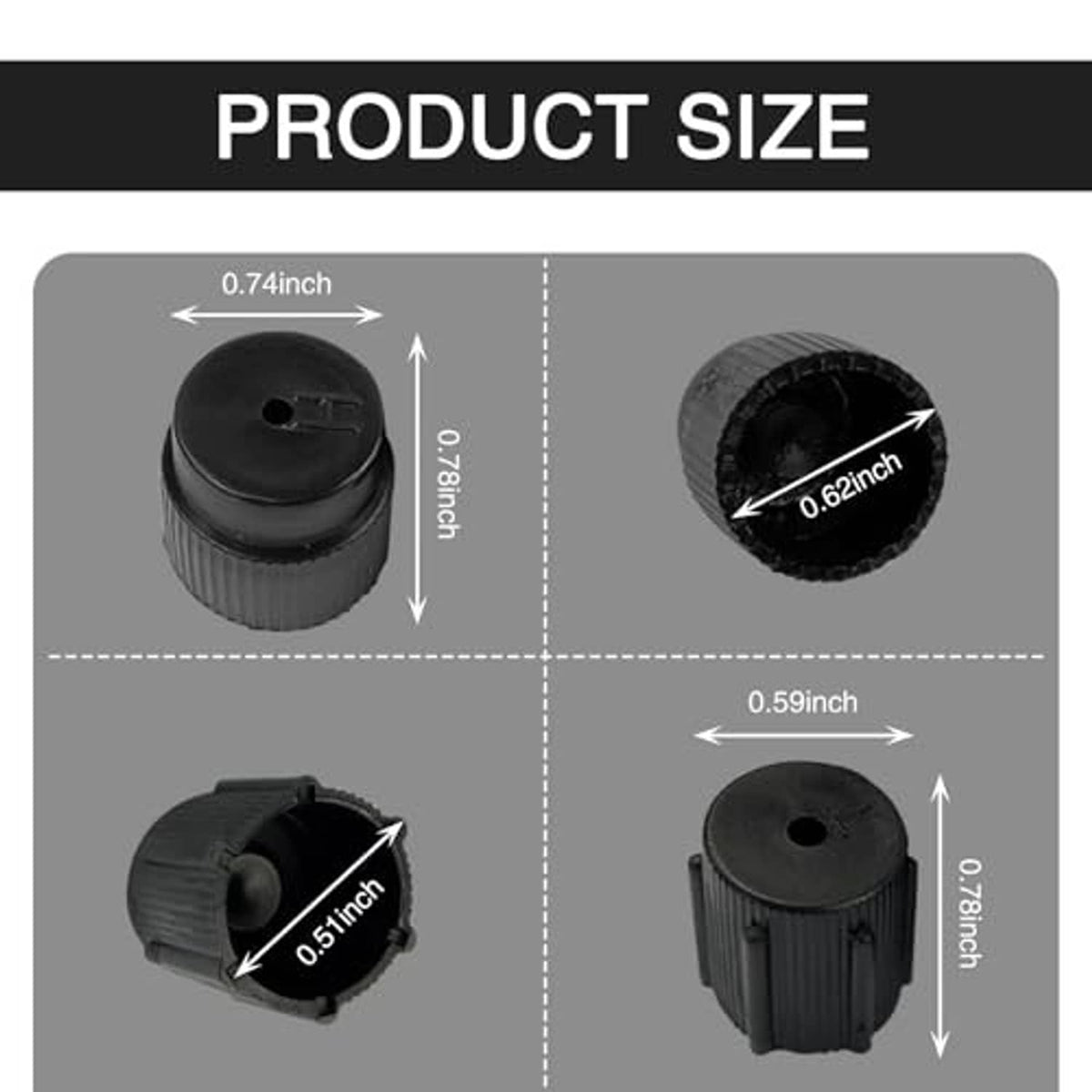 Black ABS AC valve core covers with product size measurements on diagram