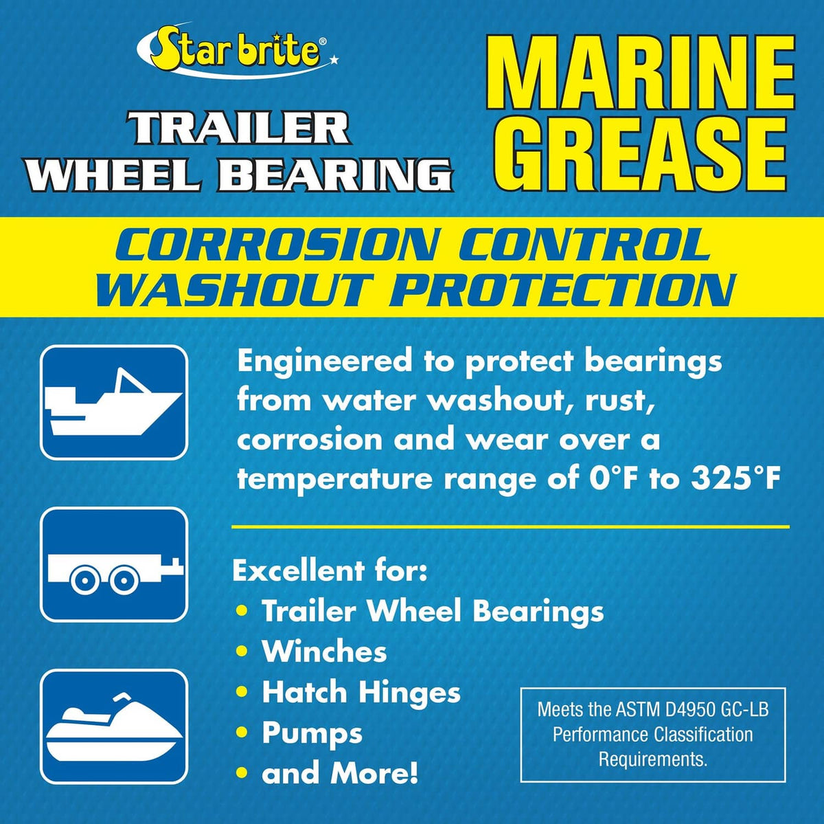 STAR BRITE marine grease label with corrosion control and washout protection icons