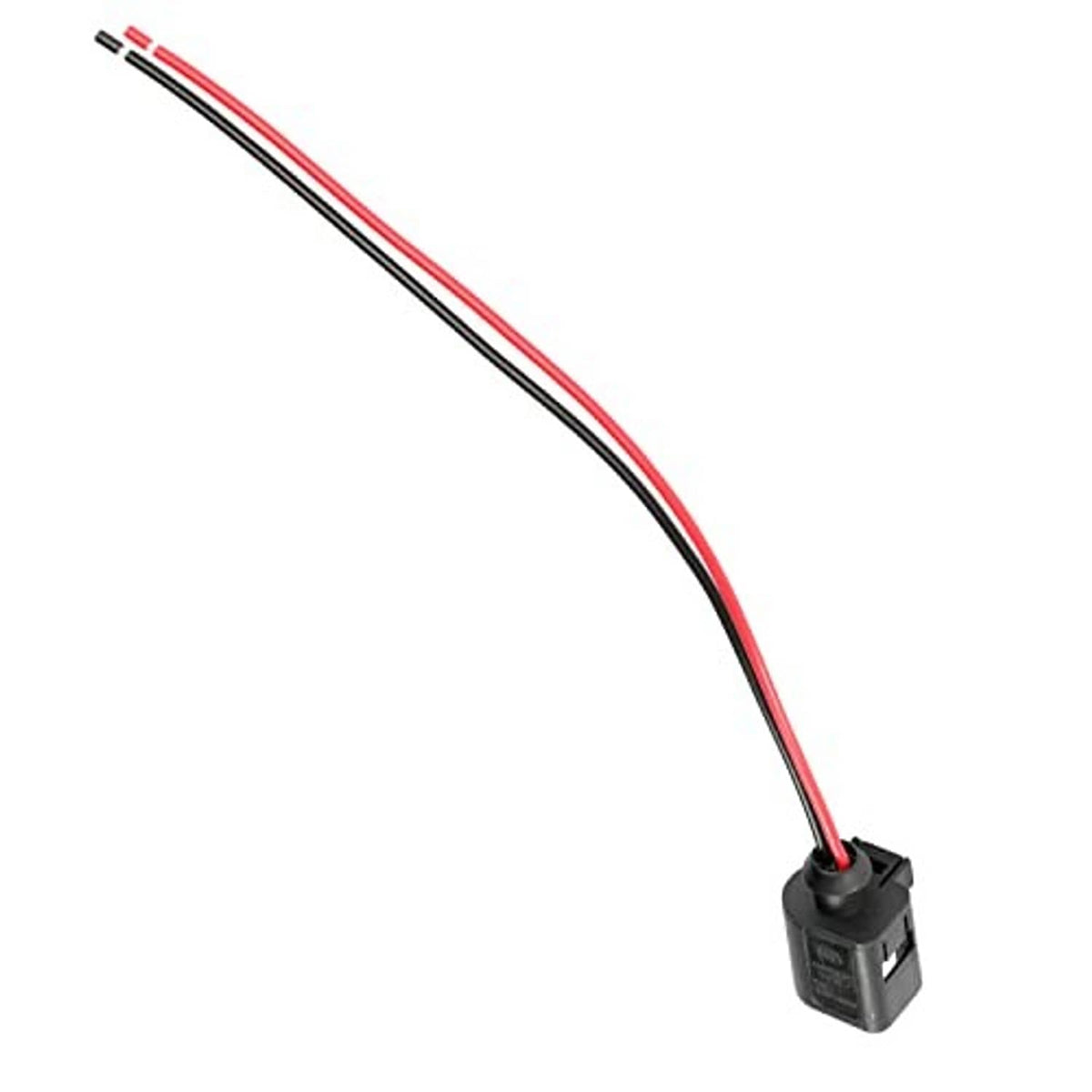 2-pin pigtail connector with red and black wire leads and black plug housing